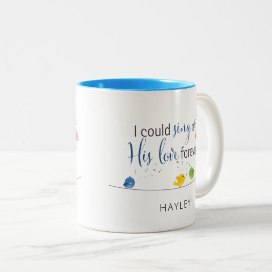私は永遠にかわいい鳥を愛する神々の歌が歌えた ツートーンマグカップ (正面右)