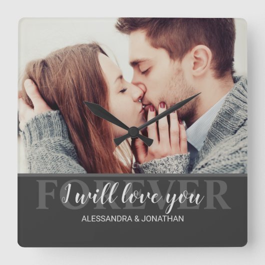 私は永遠にロマンチックなカップルを愛する スクエア壁時計 (正面)