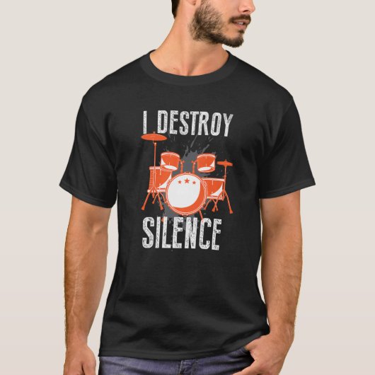 私は沈黙ドラムおもしろいキットミュージシャン音楽Baを破壊 Tシャツ (正面)