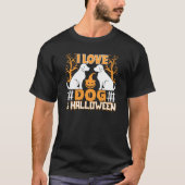 私は犬とハロウィーンの木のカボチャ幽霊のよく出るが大好き Tシャツ (正面)