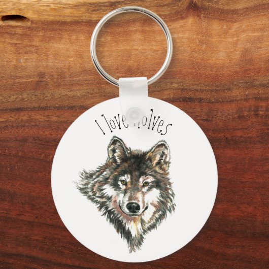 私は狼の水の色グレイ狼の動物アートが大好き キーホルダー (正面)