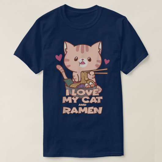 私は猫とラーメンデザインが大好きおもしろい Tシャツ (デザイン正面)