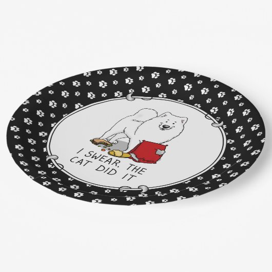 私は猫はそれをサモエド犬の汚れをやったと誓うおもしろい ペーパープレート (アングル)