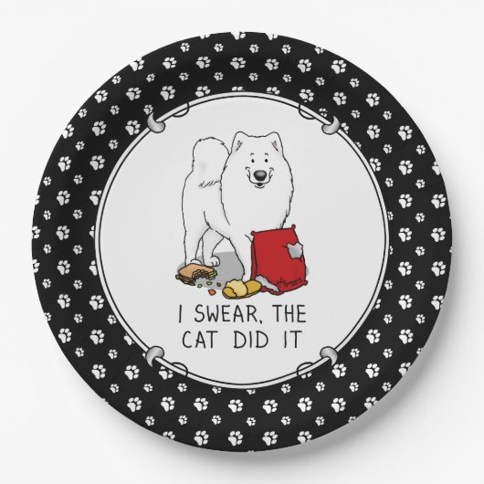 私は猫はそれをサモエド犬の汚れをやったと誓うおもしろい ペーパープレート (正面)