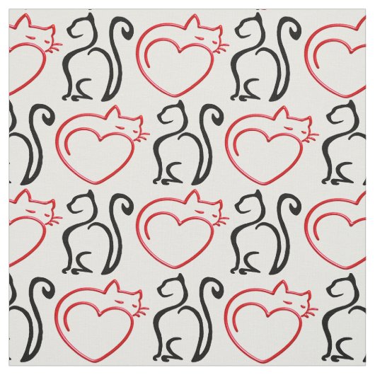 私は猫を愛します! (白の黒くおよび赤い輪郭) ファブリック (見本)