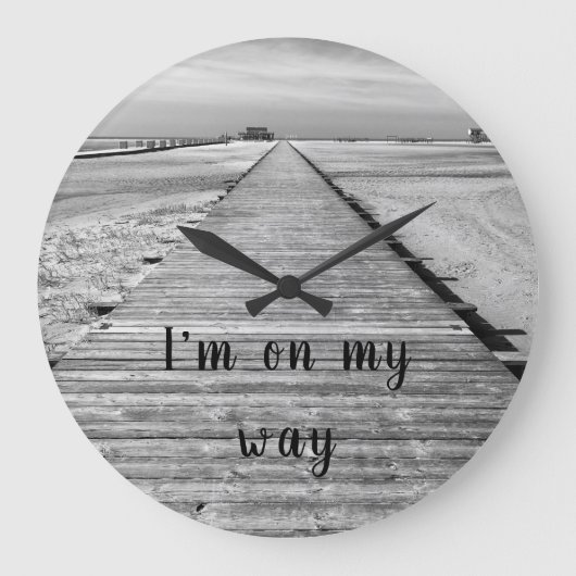 私は白黒のビーチに行く ラージ壁時計 (正面)