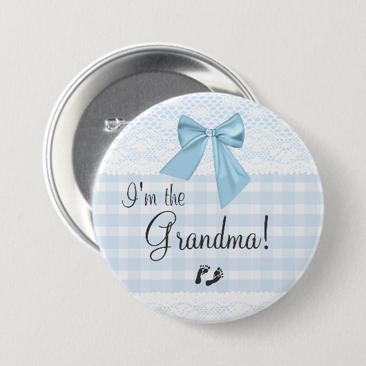 私は祖母の青いギンガム、白いレースを曲げます 缶バッジ (正面&裏面)