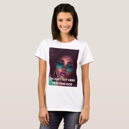 私は神の女性スリムTシャツを信頼して、ここにちょうど出ている Tシャツ (正面フル)