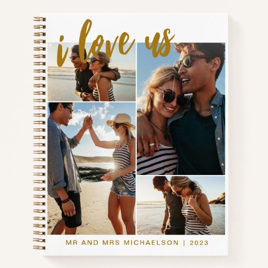 私は私たちを愛するスクリプトフォトコラージュ金ゴールドと白 ノートブック (正面)