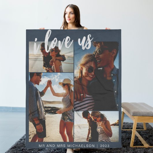 私は私たちを愛するスクリプトフォトブルーと白 フリースブランケット