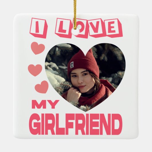 私は私のガールフレンドのピンクのハート写真が大好カスタムき セラミックオーナメント (裏面)