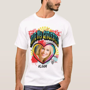 私は私のガールフレンドの写真モノグラム名Tシャツが大好き Tシャツ