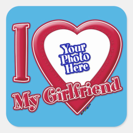 私は私のガールフレンドの写真赤いハートティール(緑がかった色) スクエアシール (正面)