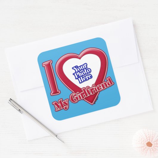 私は私のガールフレンドの写真赤いハートティール（緑がかった色） スクエアシール (封筒)