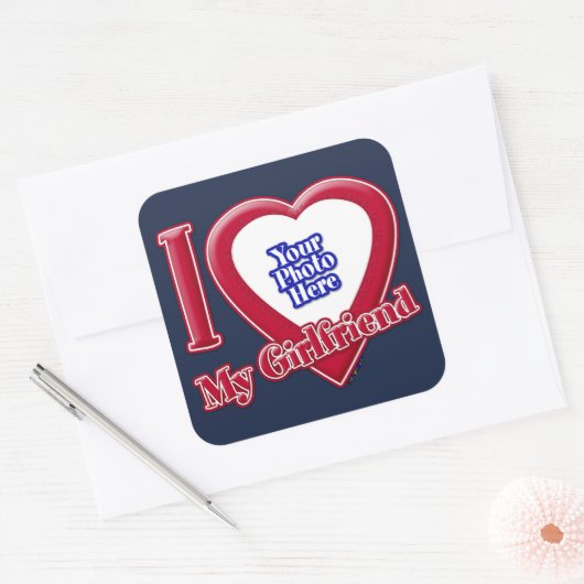 私は私のガールフレンドの写真赤いハートネイビーブルー スクエアシール (封筒)