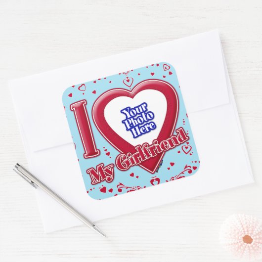 私は私のガールフレンドの写真赤いハートブルーホライゾン大好き スクエアシール (封筒)