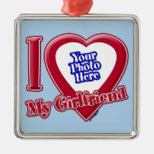私は私のガールフレンドの写真赤いハートライトブルー メタルオーナメント (正面)