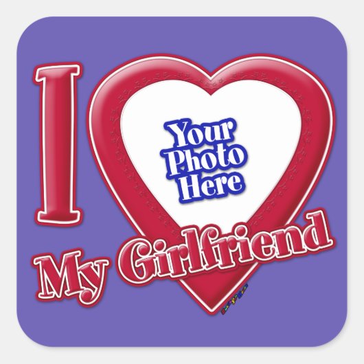 私は私のガールフレンドの写真赤いハート紫 スクエアシール (正面)