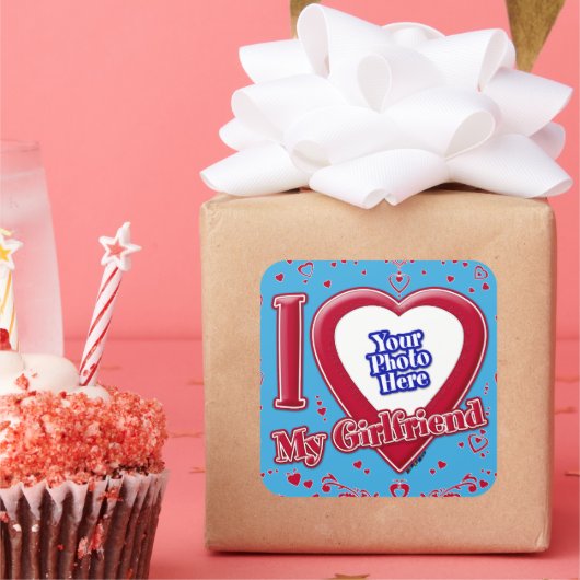 私は私のガールフレンドを愛する写真赤いハートティール(緑がかった色) スクエアシール (パーティー)