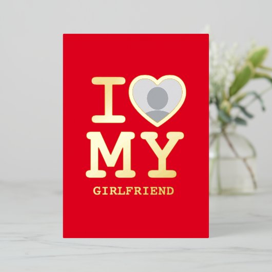 私は私のガールフレンドを愛する赤い金ゴールド写真 箔シーズンカード (立ち正面)