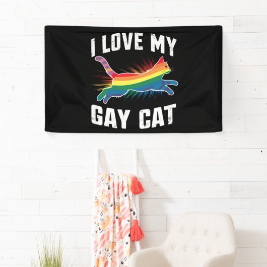 私は私のゲイ猫レインボーおもしろいプライドLGBTが大好き 横断幕 (インサイチュ)