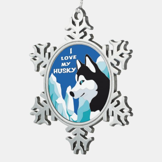 私は私のシベリアンハスキーを愛します スノーフレークピューターオーナメント (右)