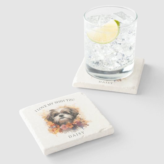 私は私のシーズー(犬)Tzuフローラドッグポートレート ストーンコースター (横)