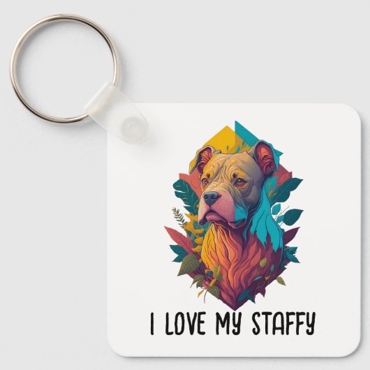 私は私のステイフィーが大好き – （犬）スタッフォードテリア，トロピカル キーホルダー (正面)