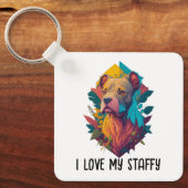 私は私のステイフィーが大好き – （犬）スタッフォードテリア，トロピカル キーホルダー (正面)