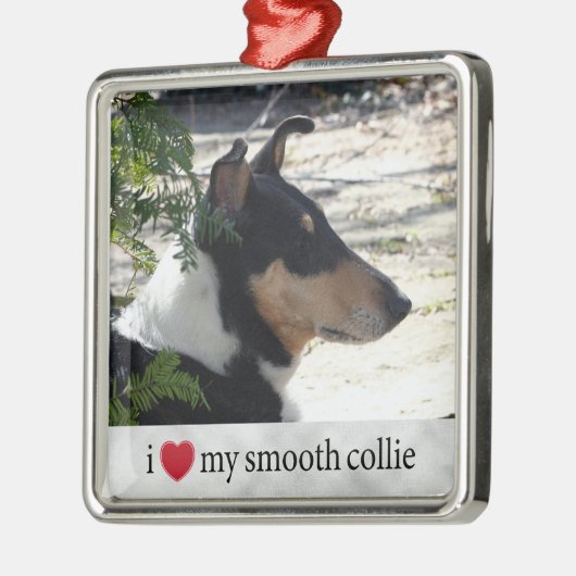 私は私のスムーズなコリー写真クリスマスが大好き メタルオーナメント (左)