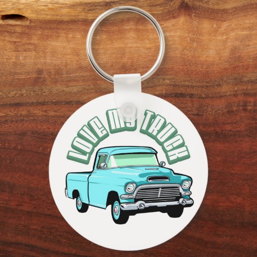 私は私のトラックが大好き – 古い、クラシックの青のピックアップ キーホルダー (正面)
