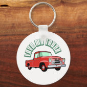 私は私のトラックが大好き – 古い、クラシック赤ピックアップ キーホルダー (正面)