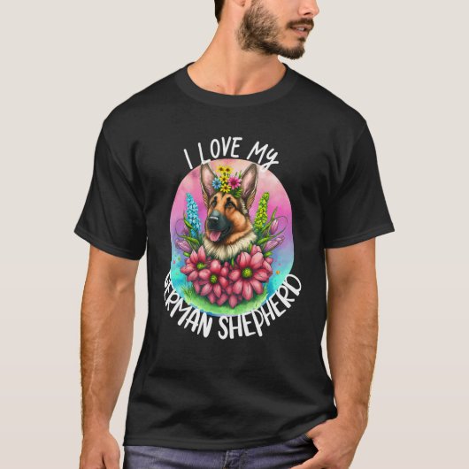 私は私のドイツの羊飼い犬の母の花パピーFl Tシャツ (正面)