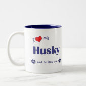 私は私のハスキー愛します(オス犬) ツートーンマグカップ (左)