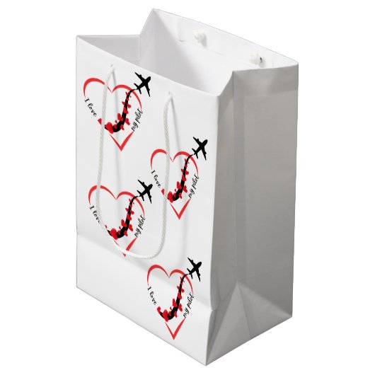 私は私のパイロット、ハート、航空、航空機、飛行機が大好き ミディアムペーパーバッグ (正面アングル)