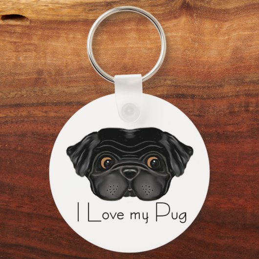 私は私のブラックパグかわいいブラックパグとラブ引用文 キーホルダー (正面)
