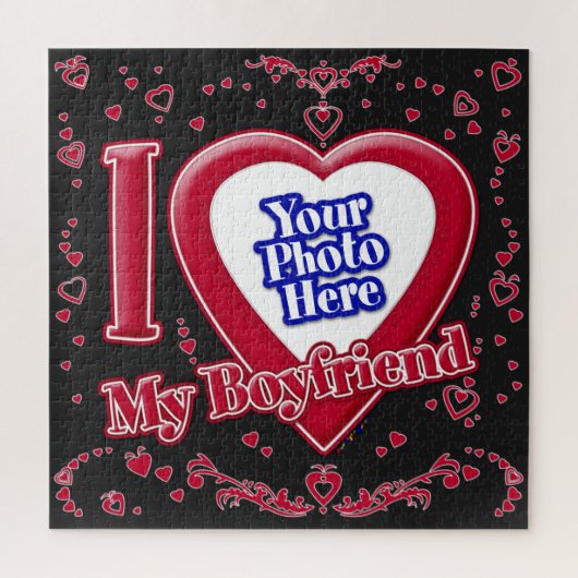 私は私のボーイフレンドが大好きフォト赤いハートブラック ジグソーパズル (縦)