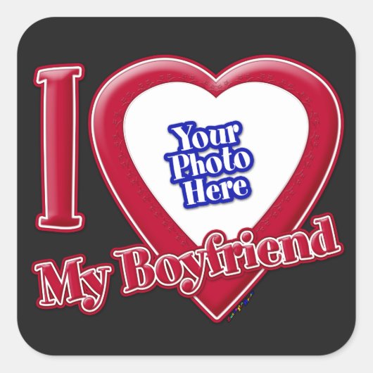 私は私のボーイフレンドが大好きフォト赤いハートブラック スクエアシール (正面)