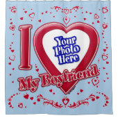 私は私のボーイフレンドの写真の赤いハートライトブルー シャワーカーテン (正面)