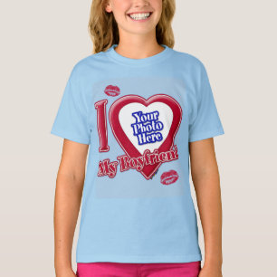 私は私のボーイフレンドの写真赤いハートキスライトブルー Tシャツ