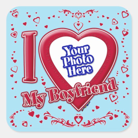 私は私のボーイフレンドの写真赤いハートブルーホライゾン大好き スクエアシール (正面)