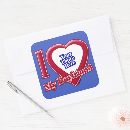 私は私のボーイフレンドの写真赤いハートD R Blue スクエアシール (封筒)
