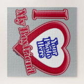 私は私のボーイフレンドを愛する写真赤いハートグレー ジグソーパズル (横)