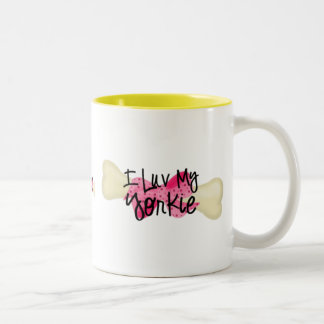 私は私のヨークシャーテリアの骨w/pinkの弓コーヒー・マグを愛します ツートーンマグカップ