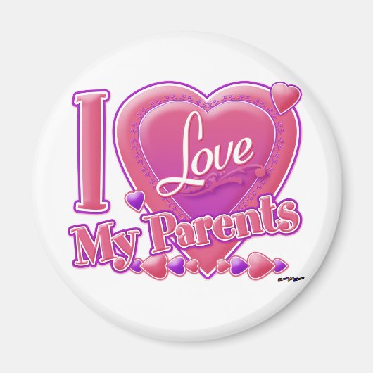 私は私の両親ピンク/紫が大好き – ハート マグネット (正面)