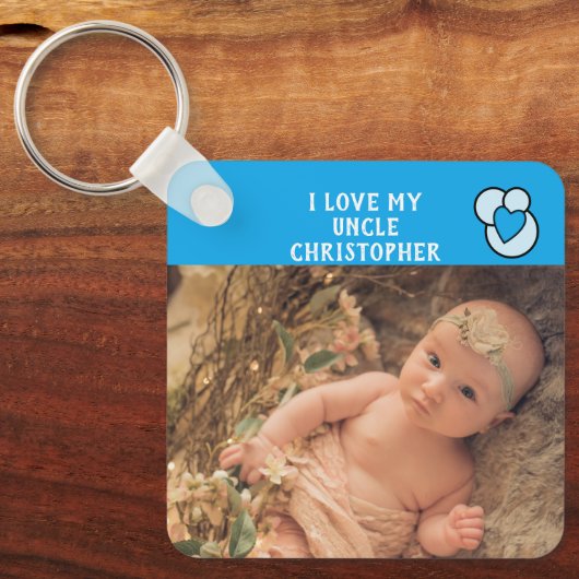 私は私の叔父の名前の写真の青の愛のハート キーホルダー (正面)