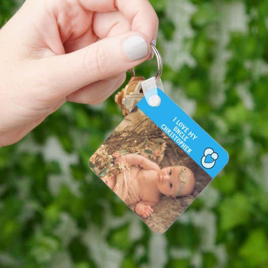 私は私の叔父の名前の写真の青の愛のハート キーホルダー (手)