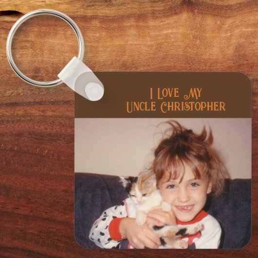 私は私の叔父を愛する名前の写真を追加する茶色のオレンジ キーホルダー (正面)