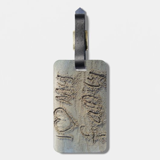 私は私の家族のハート、サンドの書ビーチ愛引用文 ラゲッジタグ (裏面縦)