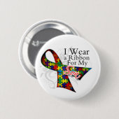 私は私の息子-自閉症の認識度のためのリボンを身に着けています 缶バッジ (正面&裏面)